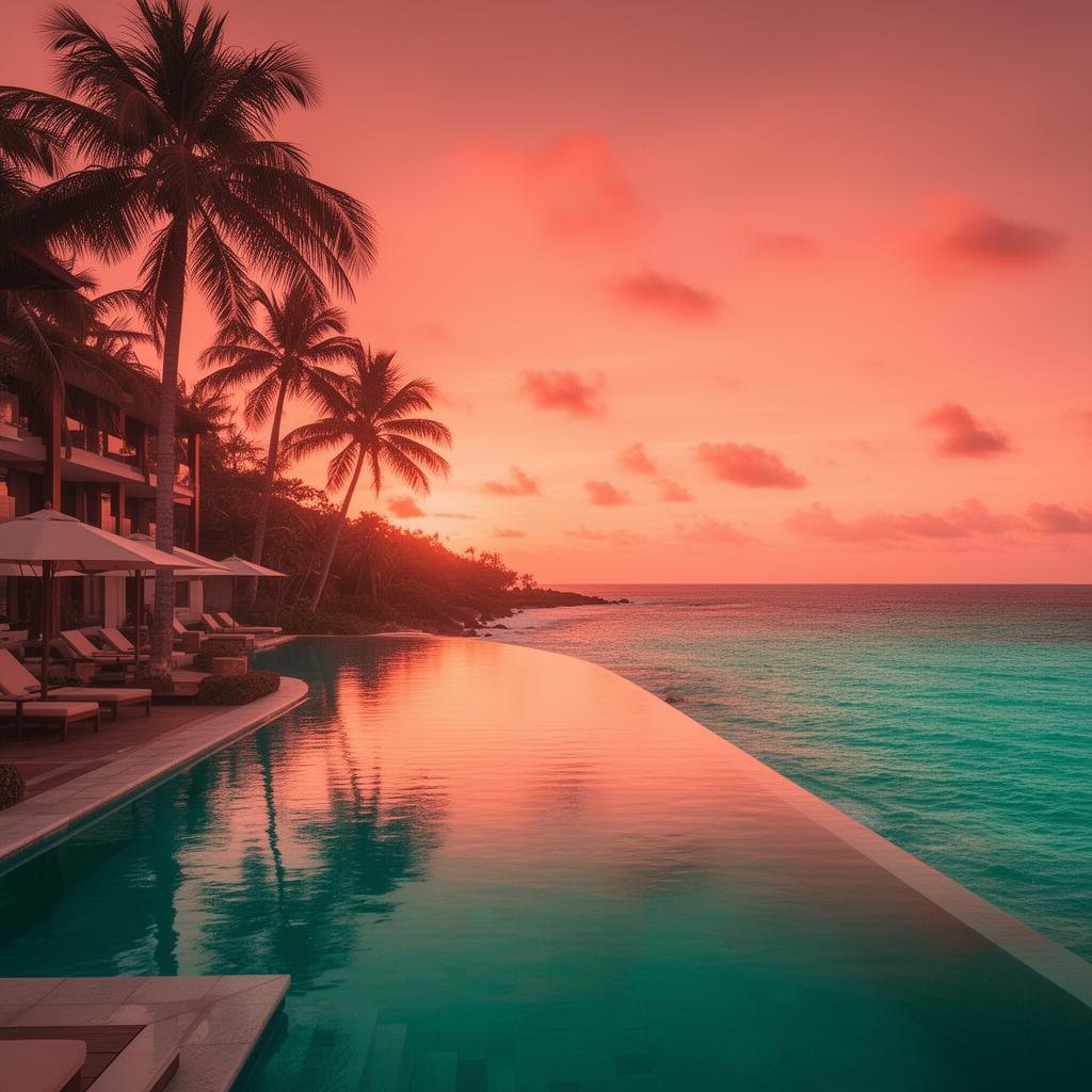 Infinity pool by the ocean at sunset