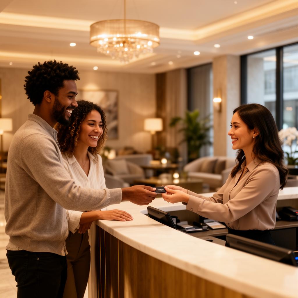 Couple receiving room key at reception